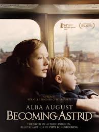 Poster of Alba August's 'Becoming Astrid' where August is holding a small boy inside a train in copenhagen